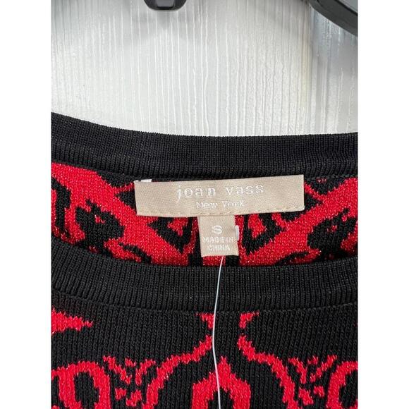 Joan Vass New York Sweater Tunic Size S Black Red Jacquard Asymmetrical Hem - Picture 10 of 12